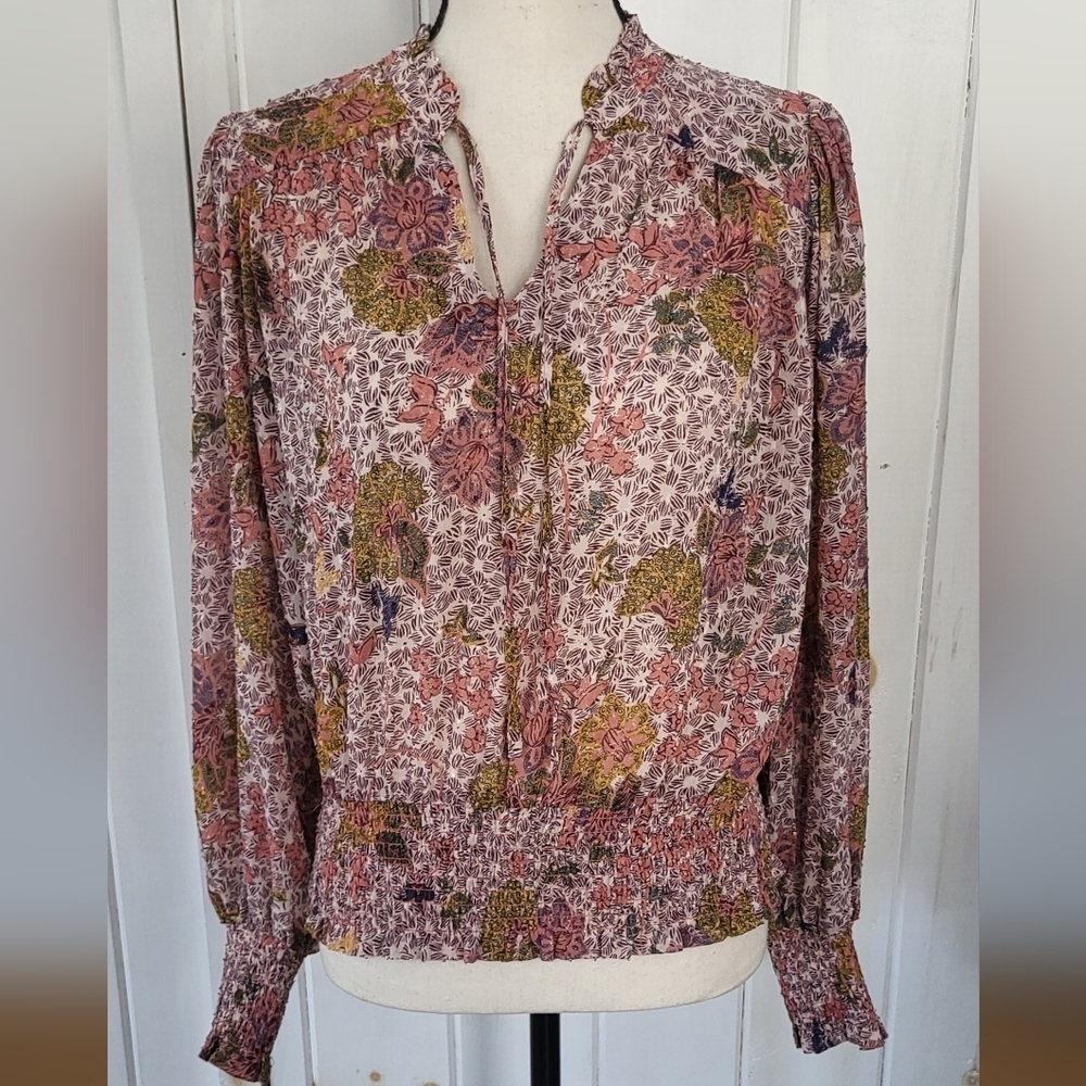 Joie Floral Peasant Boho Smocked Chiffon Blouson Sleeve Blouse
